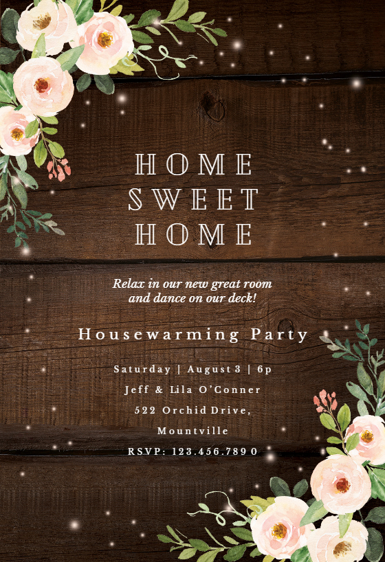 Sparkling rustic floral Housewarming Invitation Template 